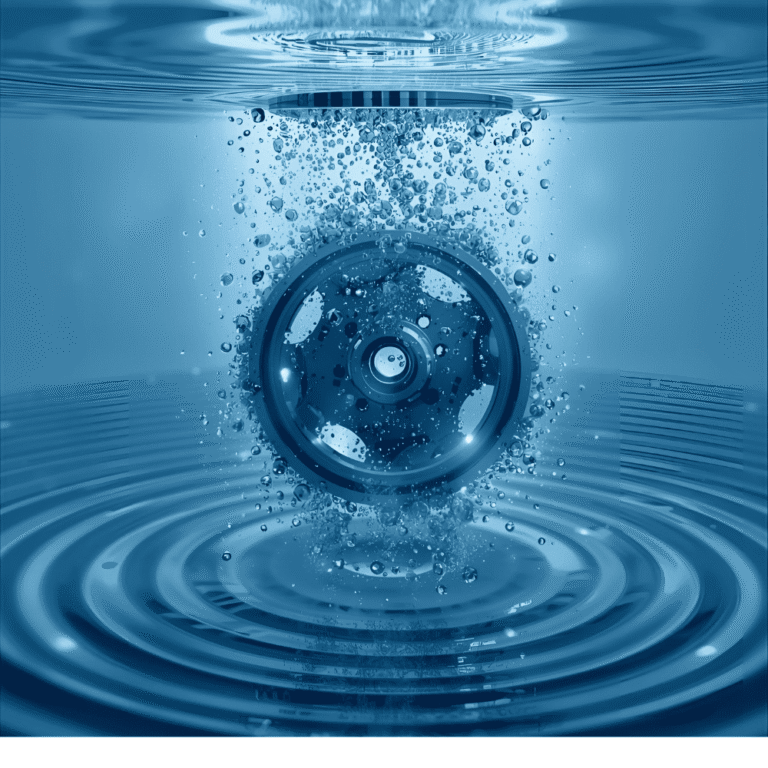 Metalowa przekładnia zanurzona w niebieskiej wodzie z bąbelkami symbolizującymi czyszczenie ultradźwiękowe złożonych obiektów.