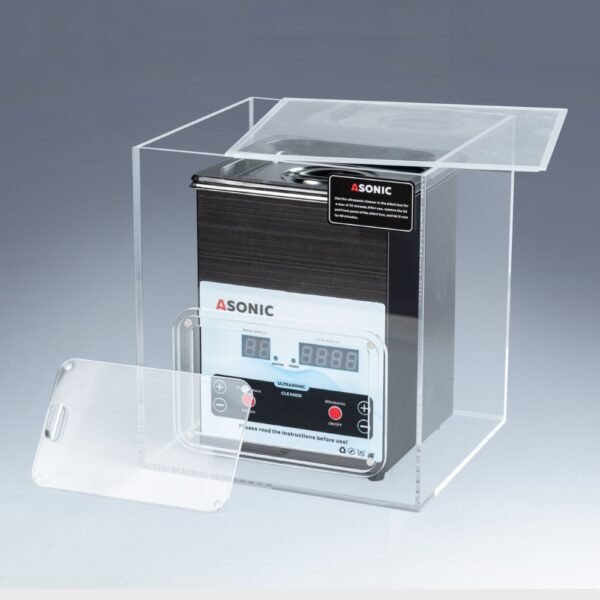 Otwarta, cicha obudowa zawierająca myjkę ultradźwiękową ASONIC o pojemności 2 l, zaprojektowaną w celu zmniejszenia hałasu podczas pracy