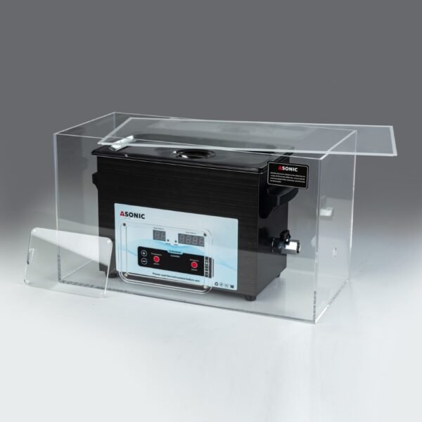 Otwarta skrzynka wyciszająca z ultradźwiękową myjką ASONIC o pojemności 3 l, ilustrująca konstrukcję redukującą hałas.