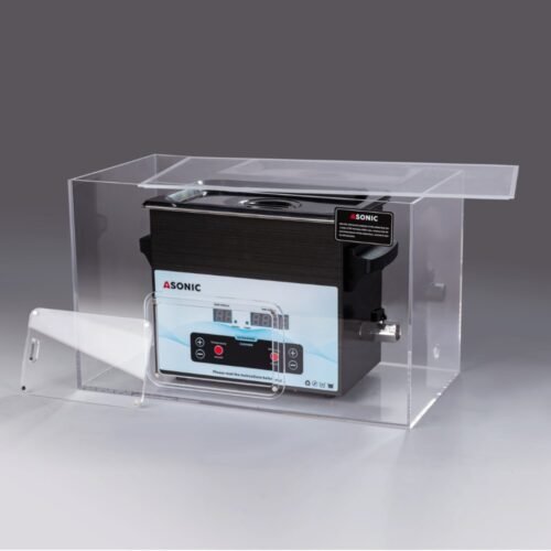 Otwarta, cicha obudowa zawierająca myjkę ultradźwiękową ASONIC o pojemności 5 litrów, zaprojektowaną z myślą o cichszym profesjonalnym czyszczeniu.